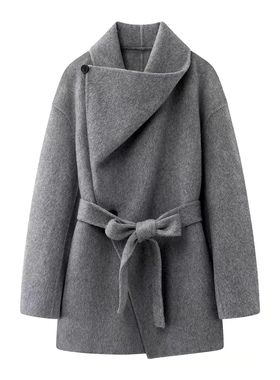 双面呢大衣 不规则领小众设计腰带收腰韩版气质秋冬毛呢 外套1.19