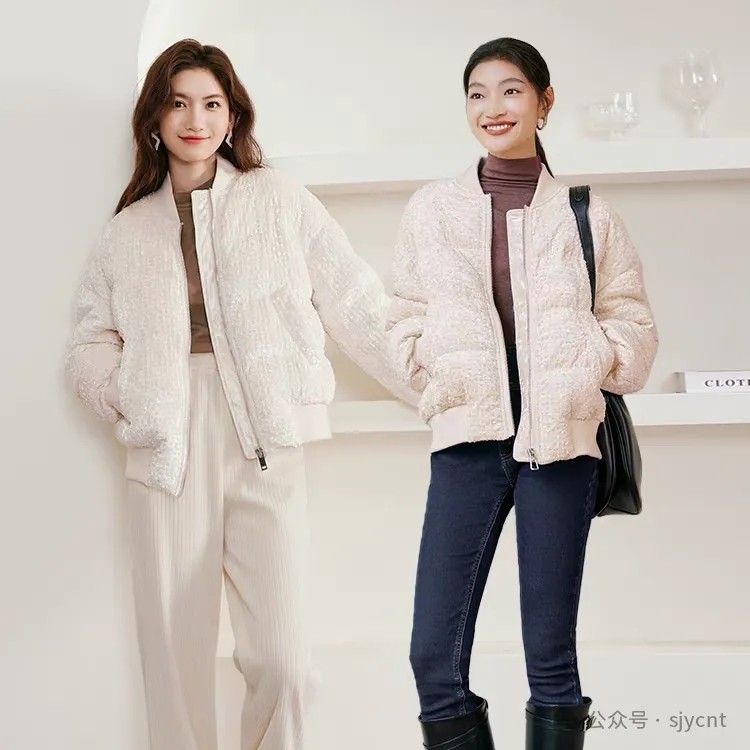 鸭绒羽绒服 时尚款丝绒重工百搭植绒刺绣网面拼接 棒球服外套1.05