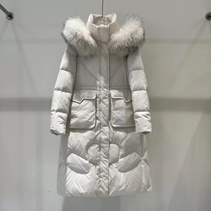 白鹅绒羽绒服 时尚新款连帽貉子真毛领大口袋甜美中长款 外套1.06
