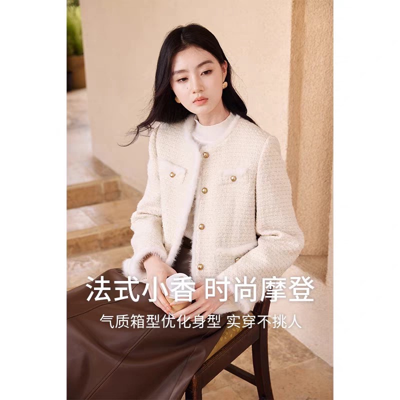 圆领水貂毛拼接小香风棉服外套