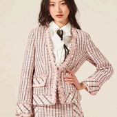 秋季 名媛 时尚 粗棉麻格纹毛边设计感韩版 小香风上衣0.66 新款 外套