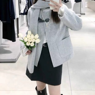 双面呢大衣 圆领一粒皮扣围脖款大口袋简约气质百搭毛呢 外套1.11