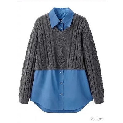 衬衫 女时尚新款学院风毛衣拼接衬衣宽松百搭假两件 长袖上衣0.48