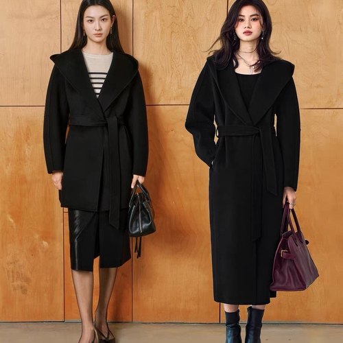 翻领开衫式长款气质双面呢大衣