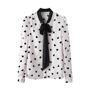 衬衫 秋时尚新款撞色植绒爱心波点飘带领系带淑女风气质 上衣0.14