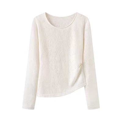 圆领网纱暗纹提花长袖打底衫T恤