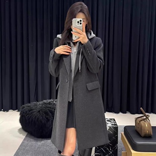 假两件毛呢外套 西装领可脱卸帽子中长款职场气质百搭款 大衣1.55