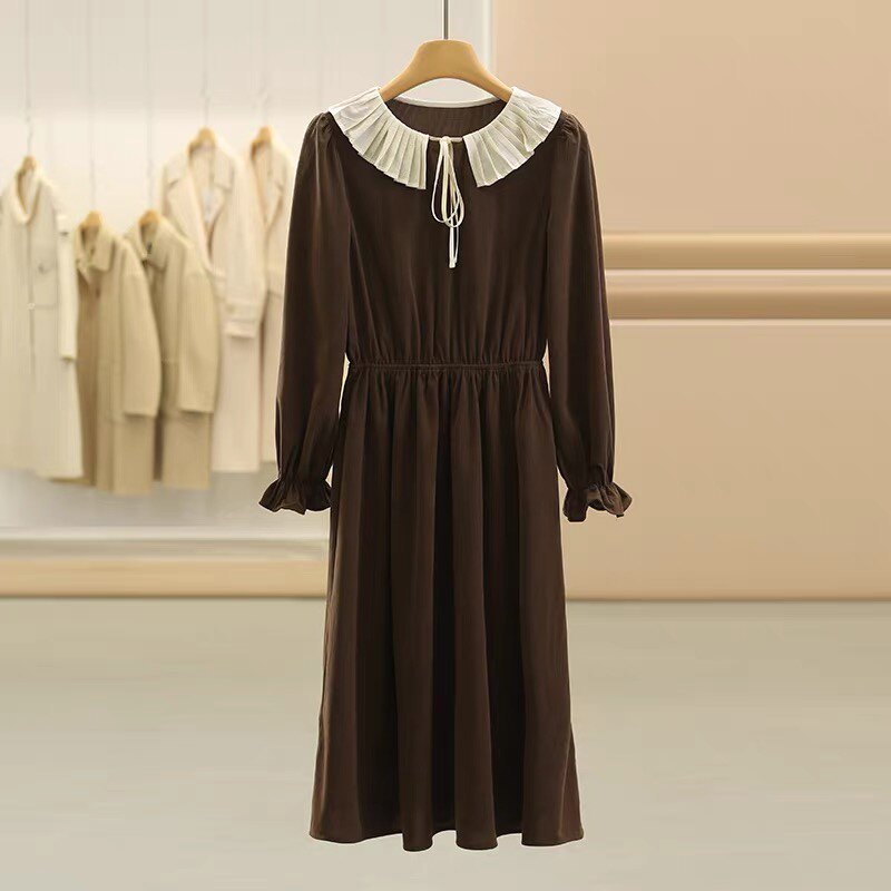 娃娃领系带设计灯芯绒春秋连衣裙