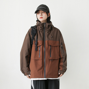 春季冲锋衣女拼色连帽休闲上衣2025新款美式外套工装夹克女款春秋