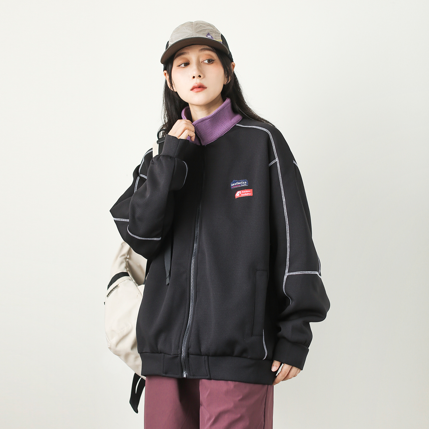 日系潮牌拼接撞色立领卫衣外套