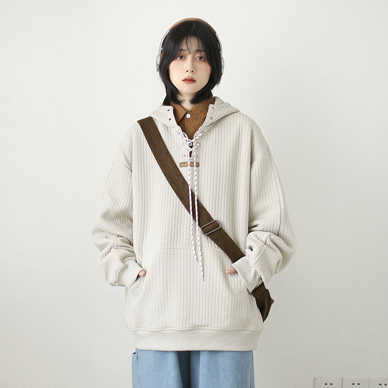 日系中性风华夫格休闲连帽卫衣