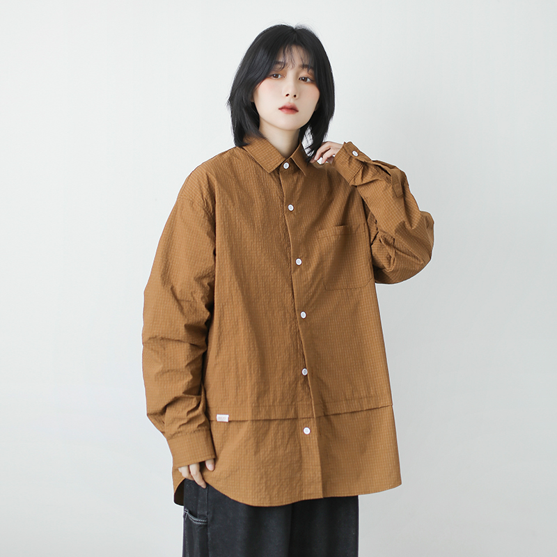 日系中性风格子拼接工装衬衫
