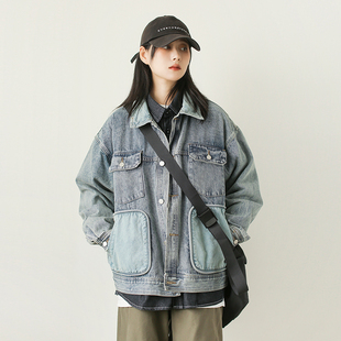 漫渡春季日系复古潮牌设计感撞色多口袋工装牛仔美式夹克外套女