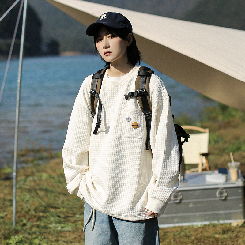 日系中性风华夫格假两件圆领卫衣