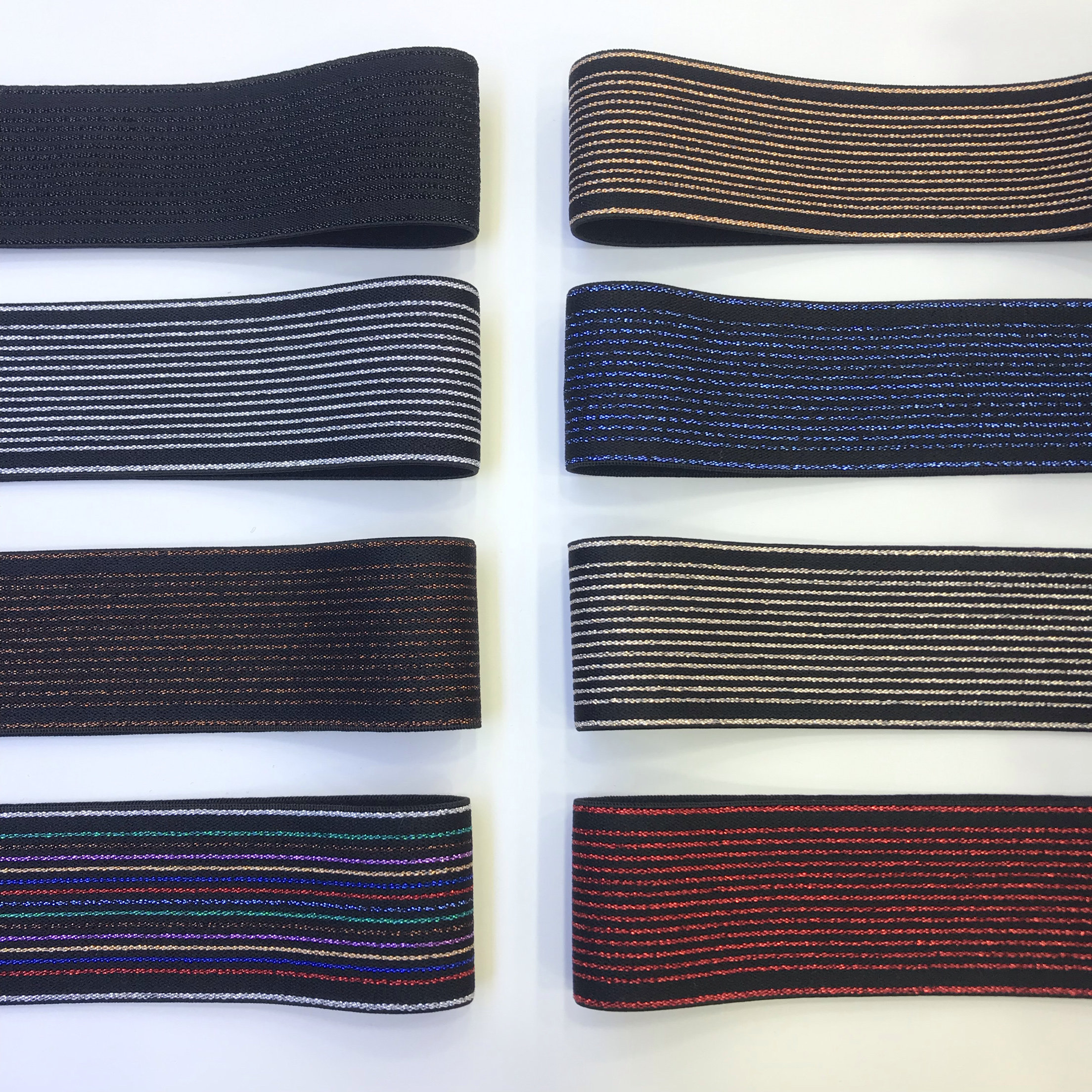 现货直供4cm提花松紧带彩色金银丝条纹侧边加宽束腰橡筋葱丝弹力