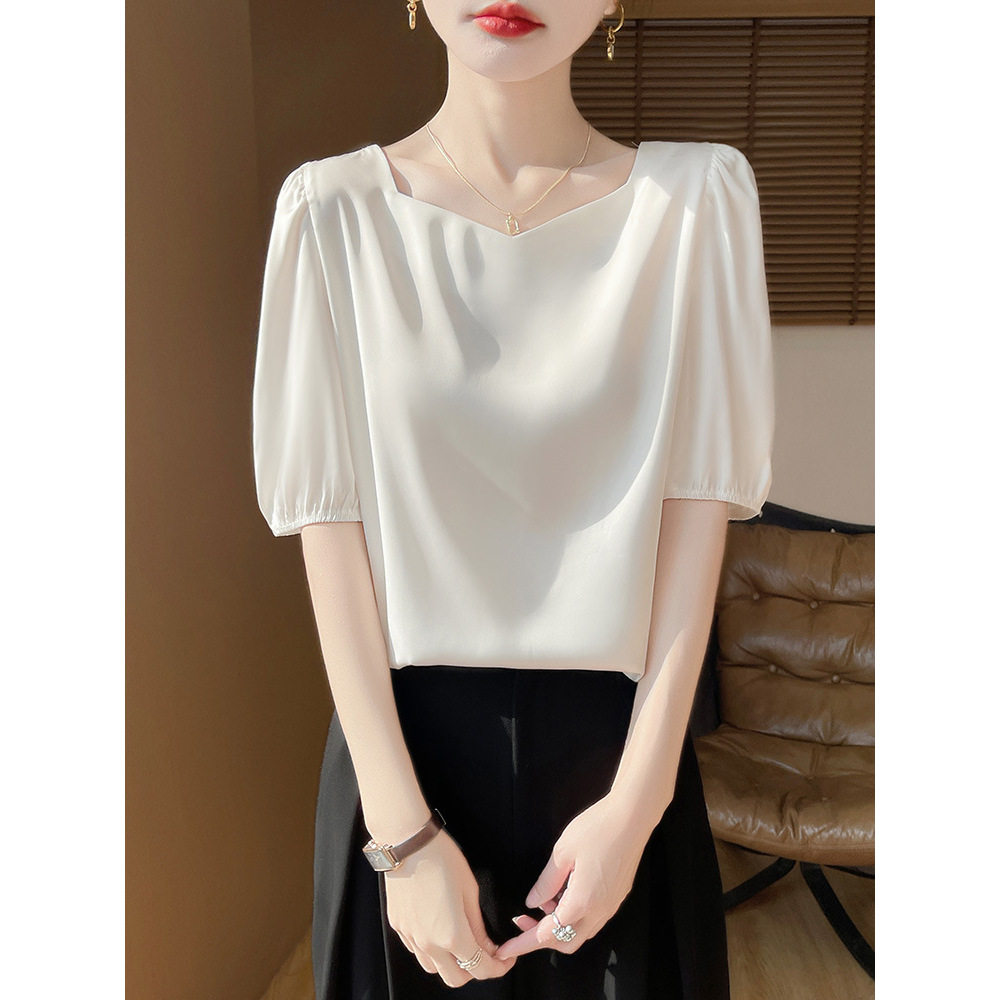 夏季新款醋酸缎面圆领短袖上衣百搭显瘦纯色钻石领半袖打底衫内搭