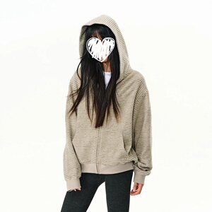 美式复古早秋新款条纹拉链开衫连帽卫衣男女情侣外套W9311-P65图片