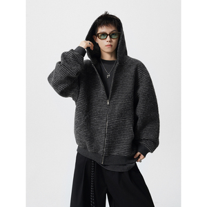 条纹连帽拉链外套小众休闲宽松美式开衫卫衣W885-P75控118图片