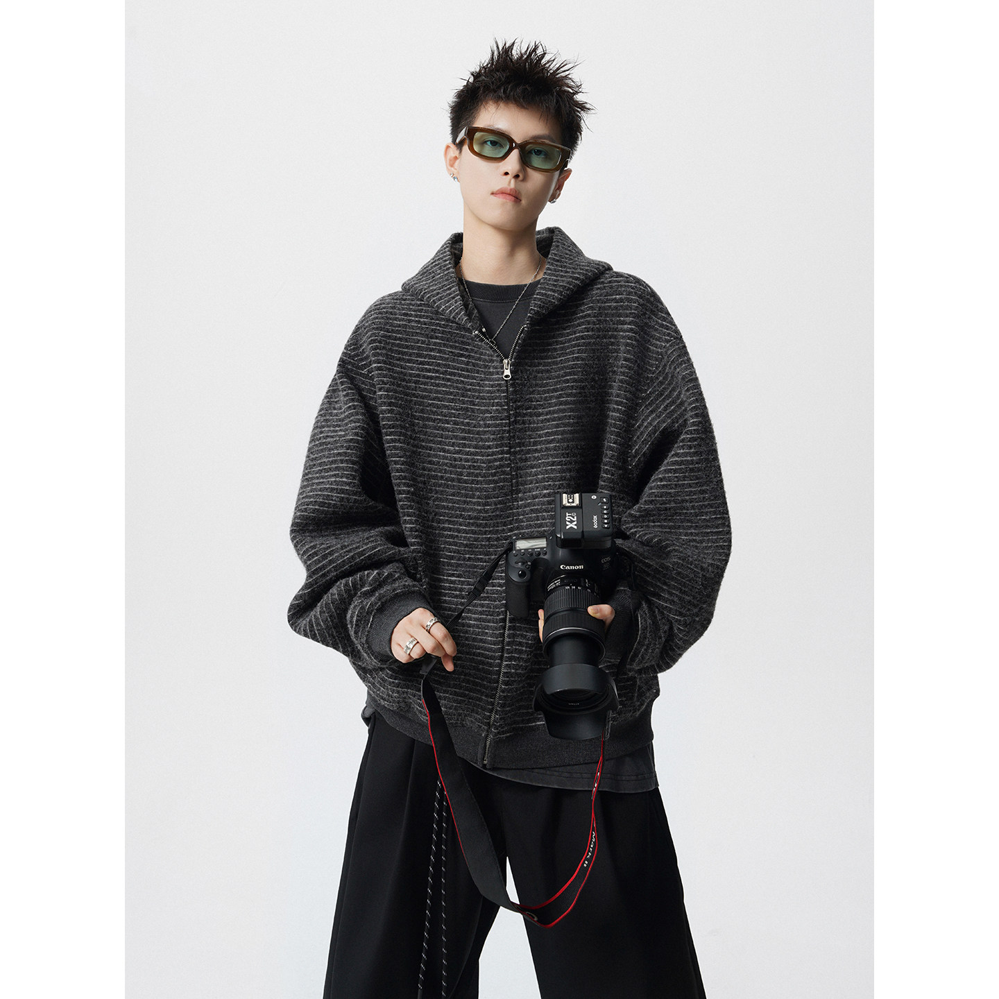 条纹连帽拉链外套小众休闲宽松美式开衫卫衣W885-P75控118图片