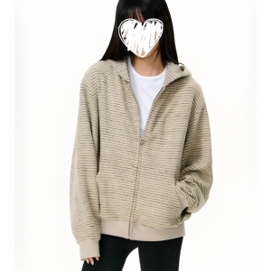 美式复古早秋新款条纹拉链开衫连帽卫衣男女情侣外套W9311-P65图片