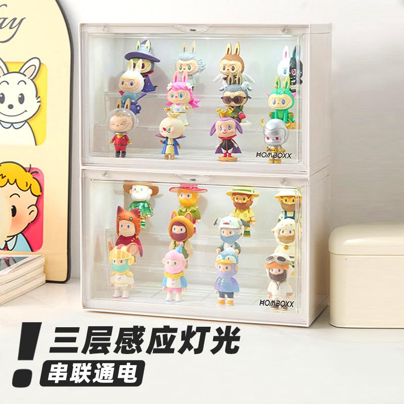 三层加大集装箱感应带灯盲盒收纳盒3层展示架手办公仔模型展示柜
