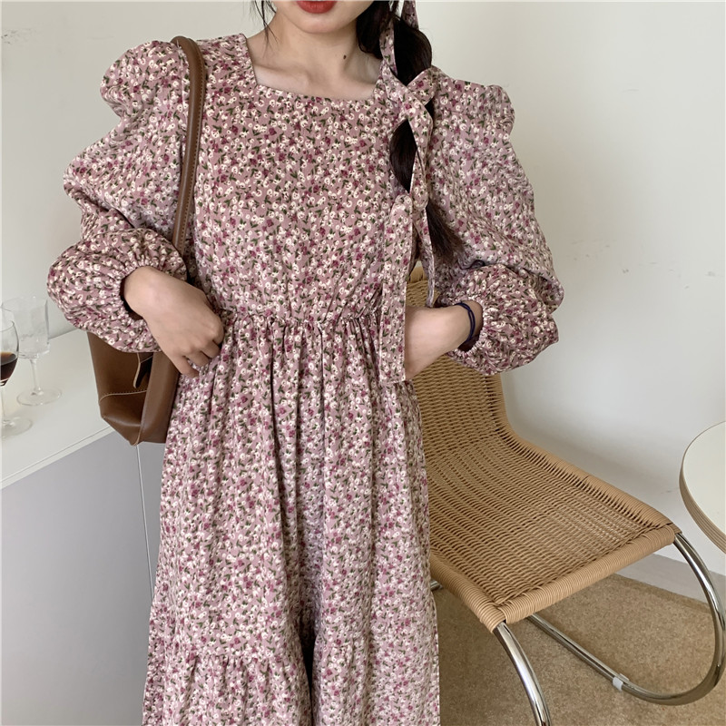 Korean new loose floral dress French romantic corduroy dress