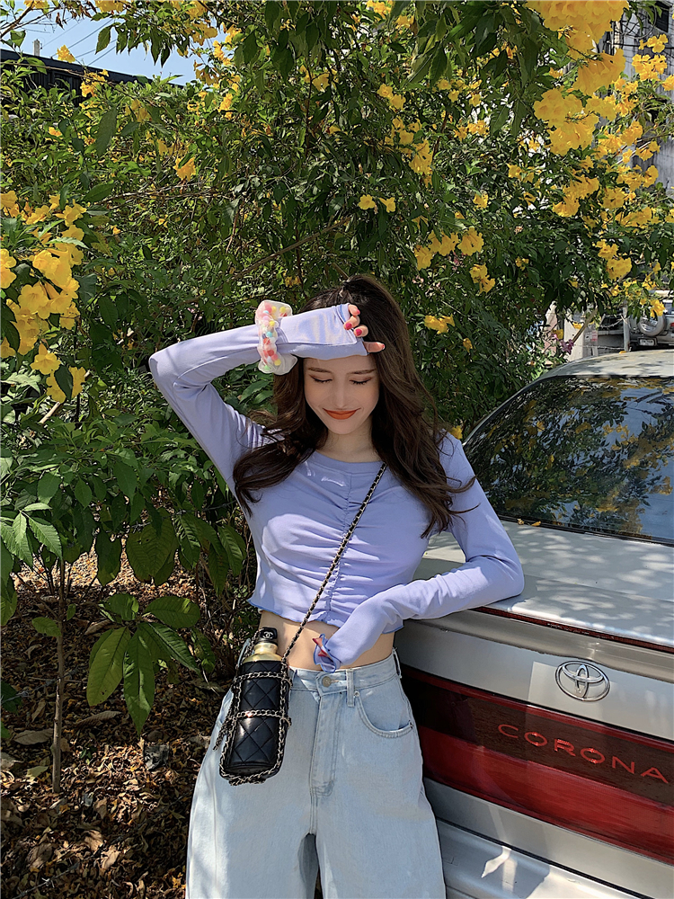 Real price new caution machine sexy slim slim striped drawstring long sleeve T-shirt