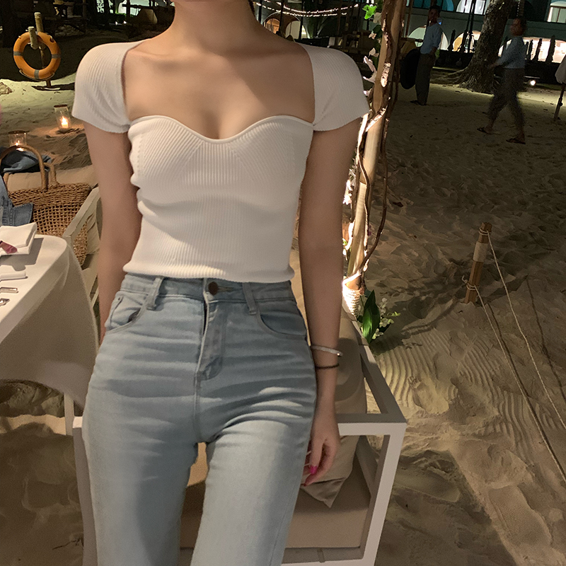 Real photo real price summer new sexy arc neckline knitwear short open navel short sleeve top