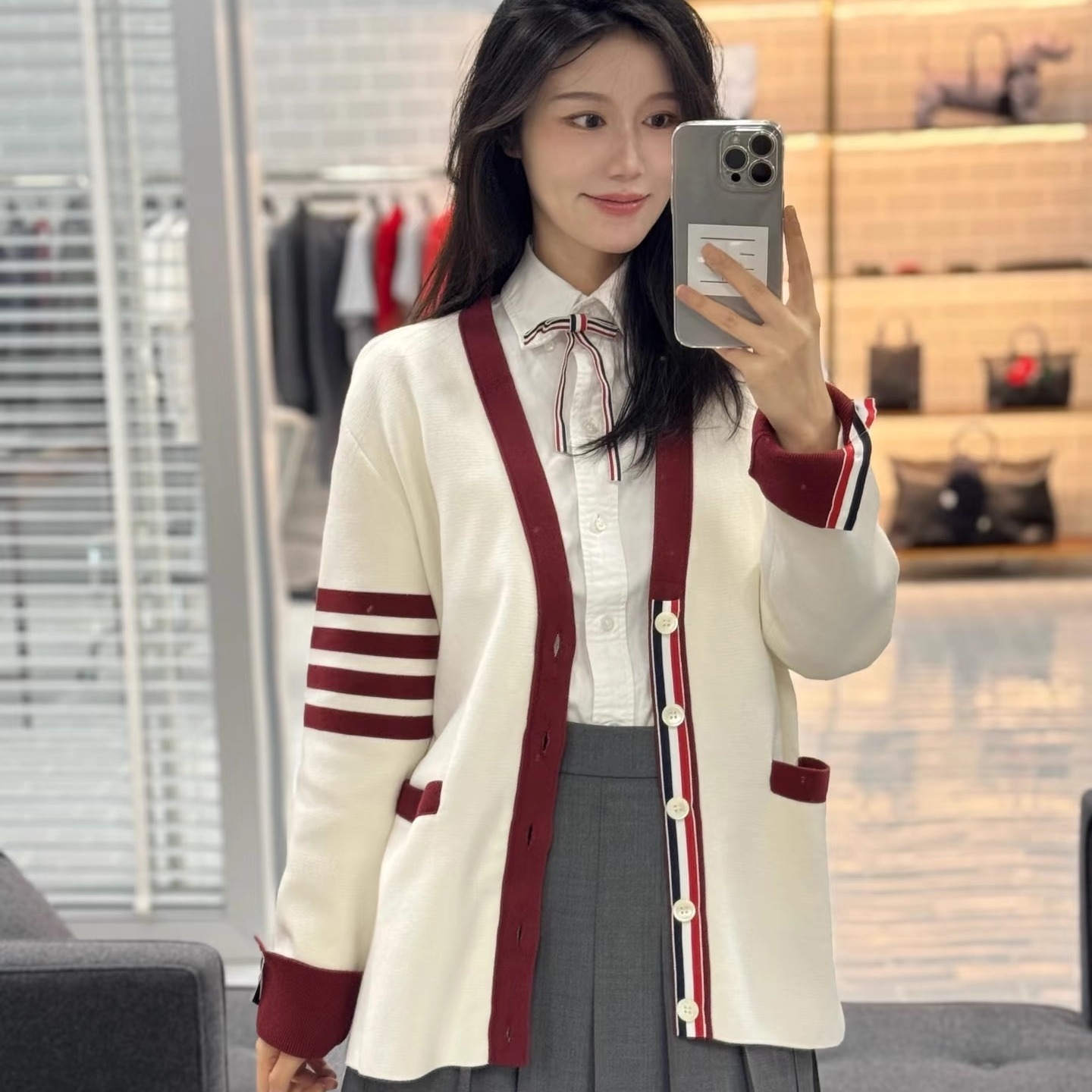 撞色中长款针织开衫外套女