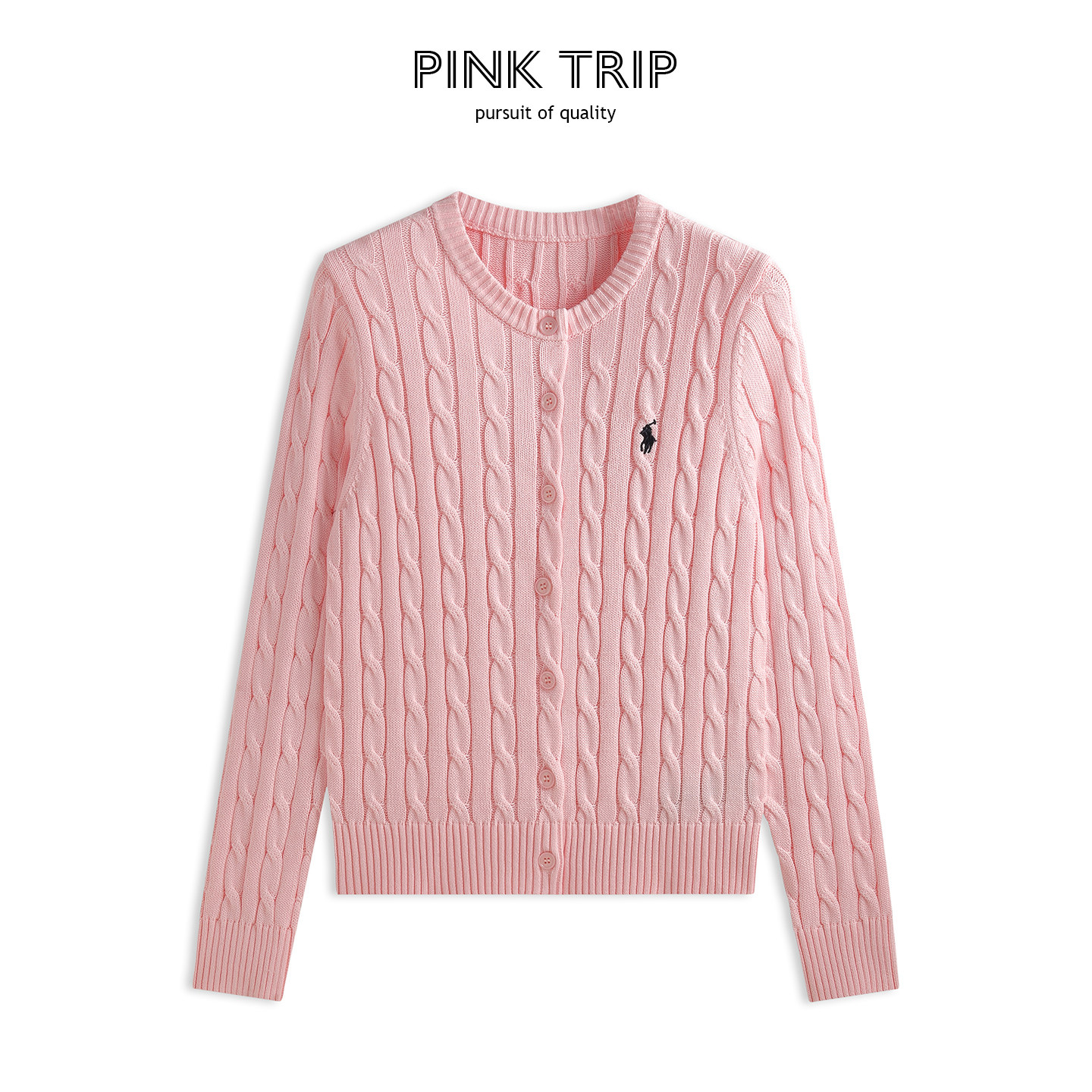 100%棉/Pink Trip小马刺绣纯棉针织开衫女春秋老钱风麻花毛衣外套