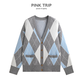 女秋冬新款 Pink Trip学院风撞色菱格针织开衫 宽松慵懒风毛衣外套