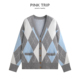 女秋冬新款 Pink Trip学院风撞色菱格针织开衫 宽松慵懒风毛衣外套
