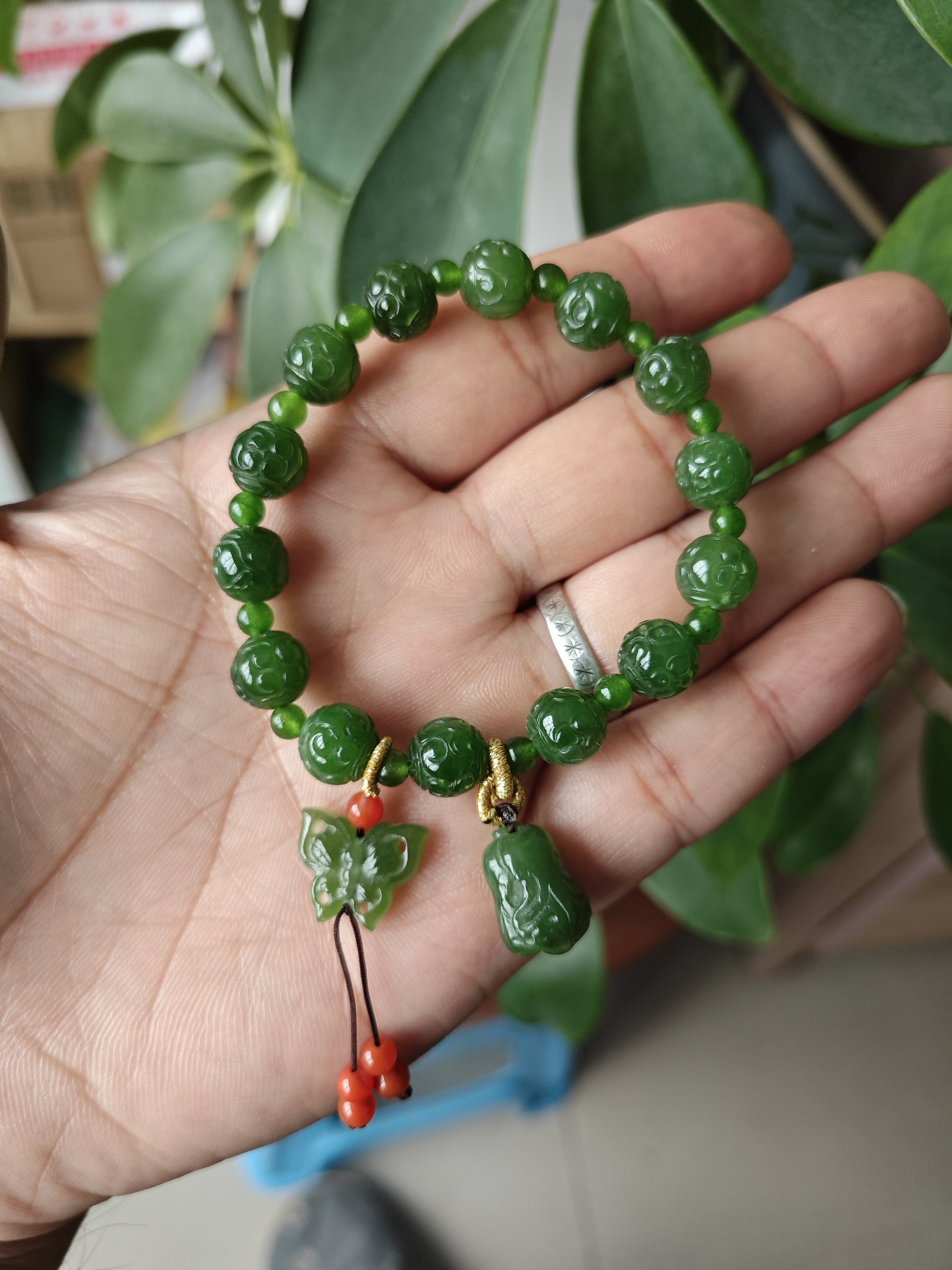 天然和田玉碧玉手串9mm回纹如意手链老坑老俄无黑点搭配蝴蝶百财