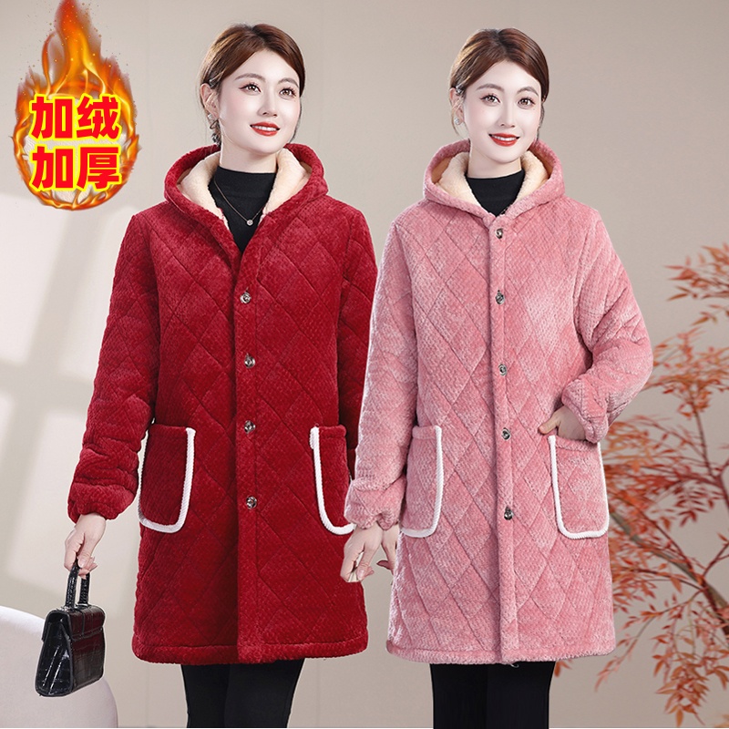 冬季加绒加厚中长款妈妈棉服