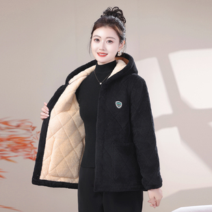 加绒加厚冬季保暖短款棉袄新款妈妈中老年棉服宽松外套罩衣连帽25