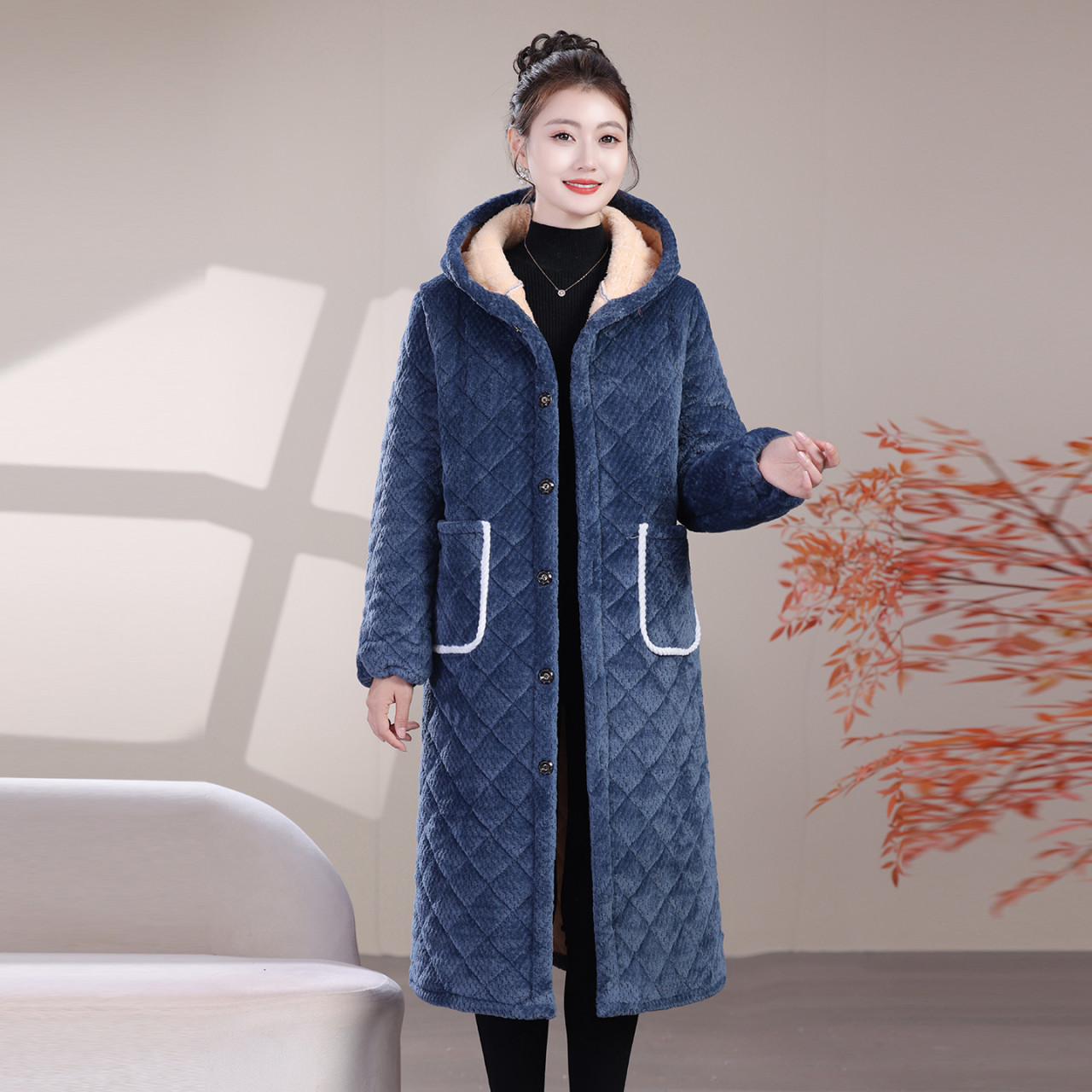 加长款过膝盖女装加绒罩衣家居服