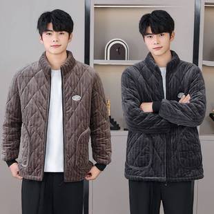 男士冬季棉服加绒加厚家居服立领保暖拉链棉外套防寒棉袄短款罩衣
