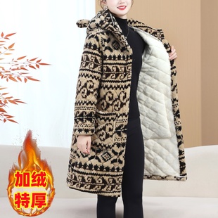 冬天防风连帽中长款棉衣女特厚保暖加绒民族风棉袄时尚外套工作服