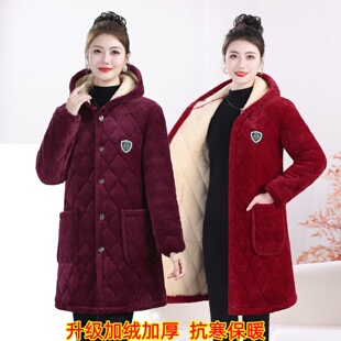 冬季棉衣女士连帽中长款棉服宽松加绒加厚保暖棉袄外套大码显瘦