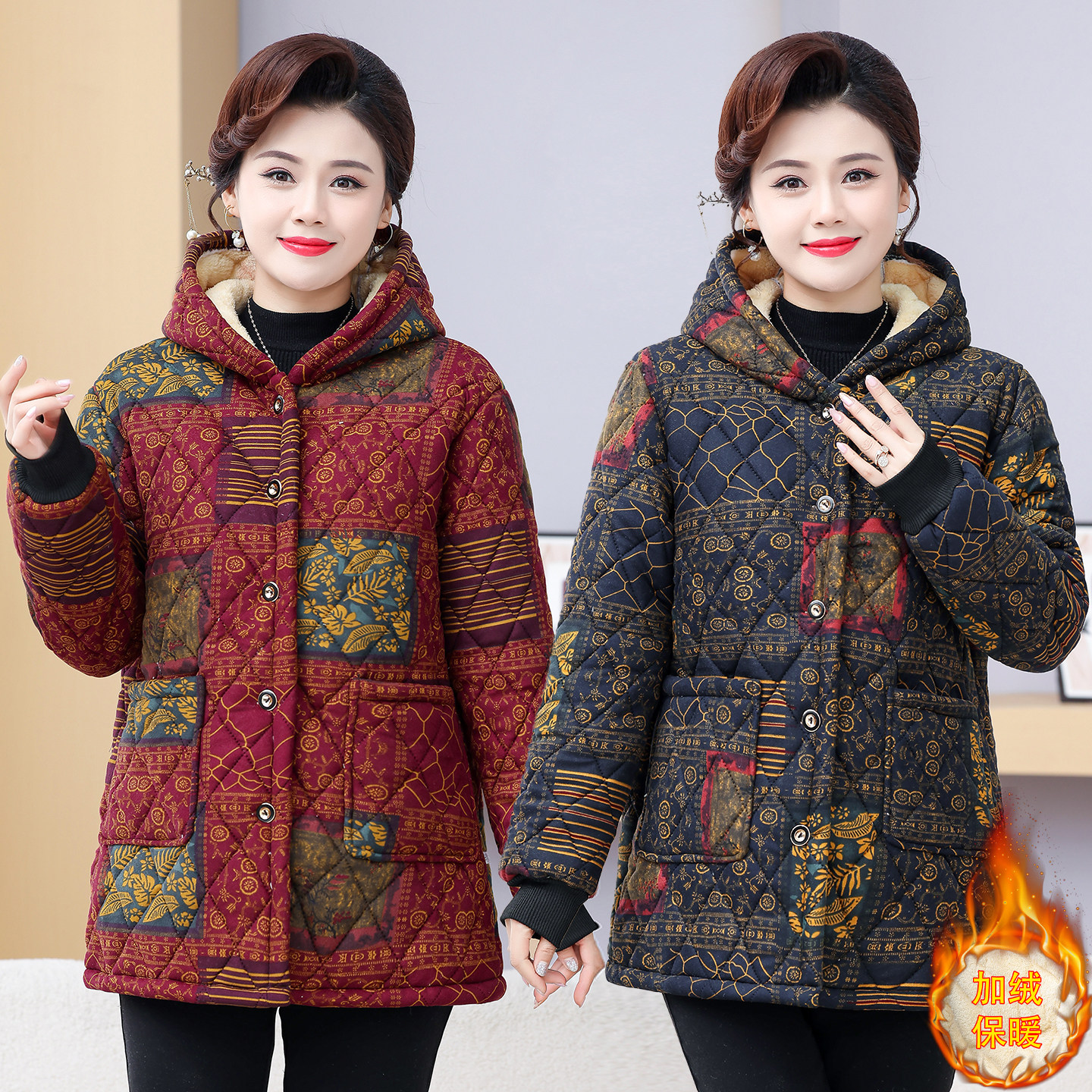 加绒加厚冬保暖短款棉袄妈妈外穿棉衣中老年奶奶棉服带帽耐脏罩衣