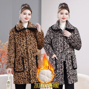 妈妈冬装加绒加厚豹纹棉衣外套中年女装保暖棉服女士三层夹棉罩衣