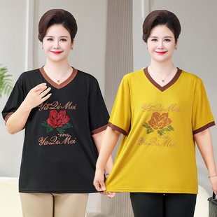 中老年圆领莫代尔棉T恤加肥加大码胖妈妈夏季薄款短袖老太太上衣