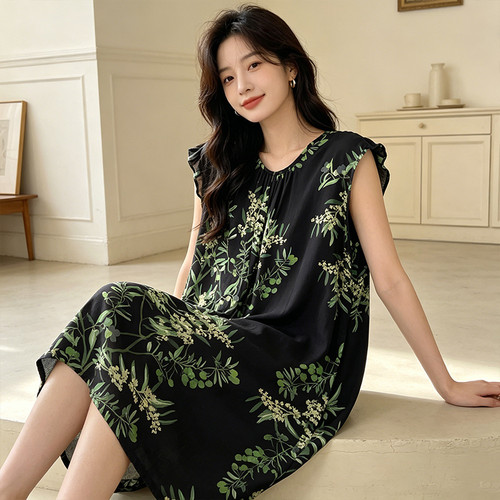 棉绸睡裙女夏圆领小飞袖背心大码可外穿连衣裙柔软绵绸家居服无袖