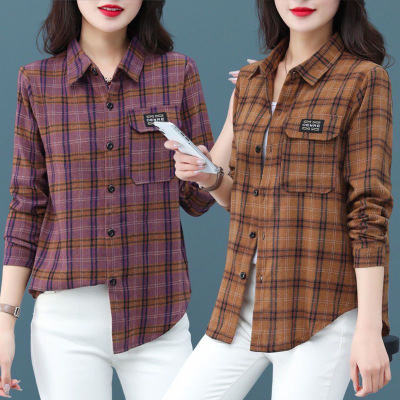 棉质格子衬衫女春秋新款宽松中年妈妈长袖衬衣夏季薄款上衣外套女