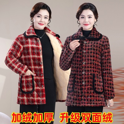 新款加绒时尚女士加厚花格子冬季罩衣棉衣棉服外套保暖棉袄大码女