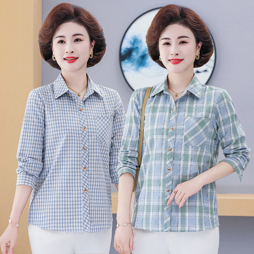 棉质格子长袖衬衫妈妈装显瘦