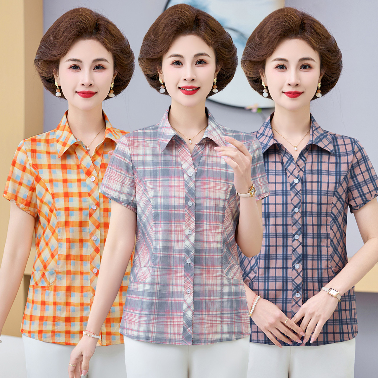 妈妈夏装短袖格子纯棉衬衫洋气新款中老年女夏季全棉开衫翻领衬衣