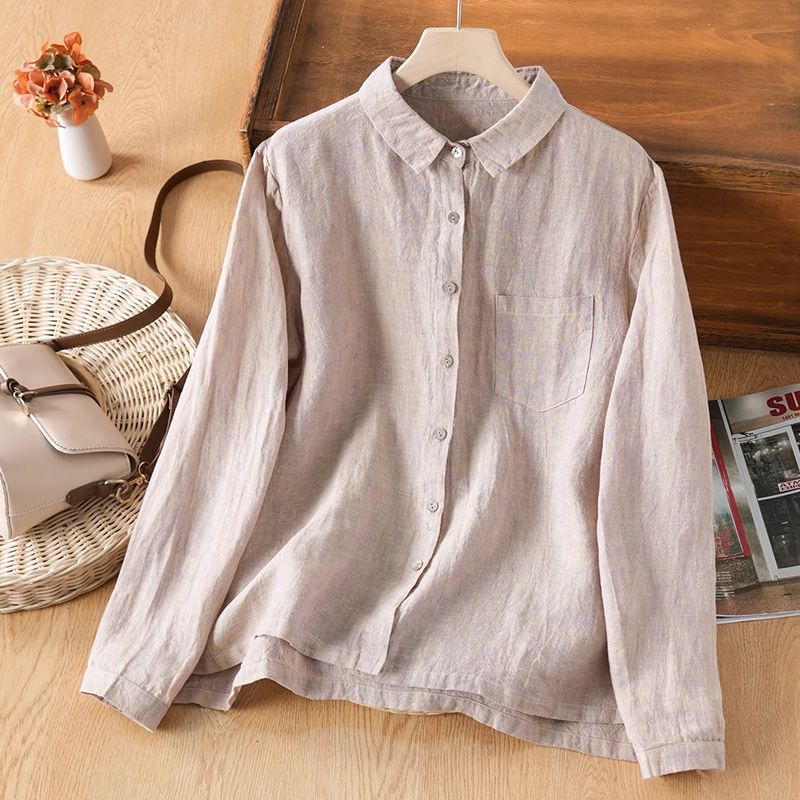 春夏季薄款长袖衬衣女纯亚麻