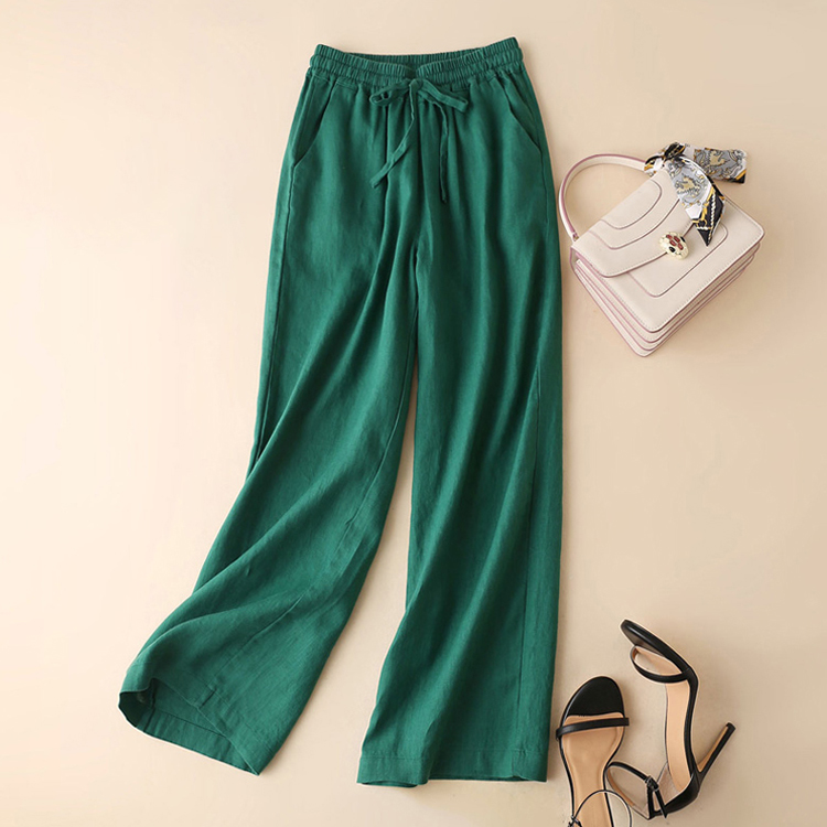 休闲裤春夏新款墨绿色通勤麻裤