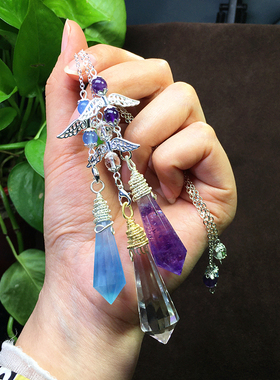 天然灵摆紫白粉水晶海蓝宝萤石柱